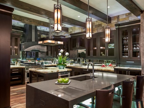 dark gray cabinets paired with mirrored tile backsplash