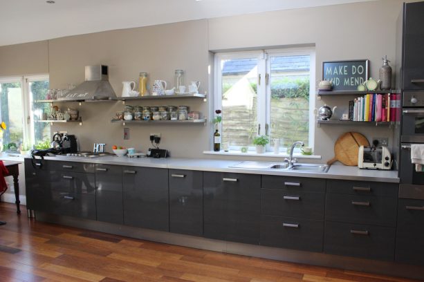glossy dark gray cabinets in a contemporary kitchen