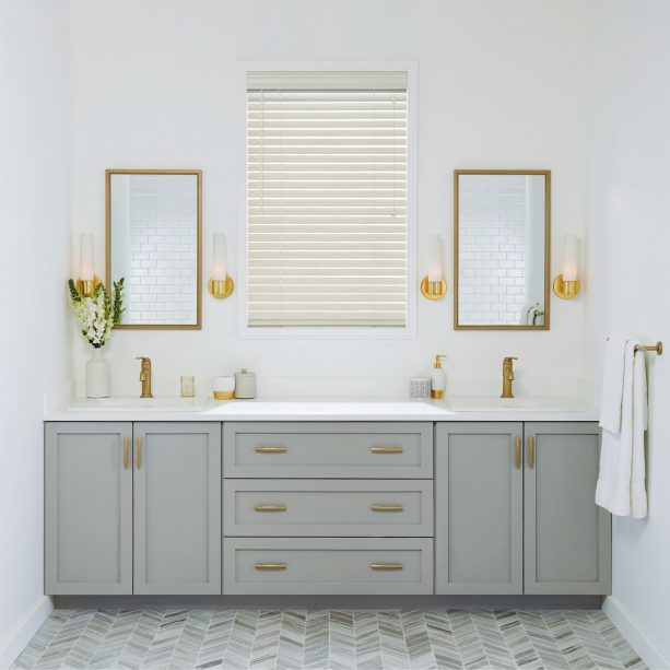 gold accent color for gray and white bathroom