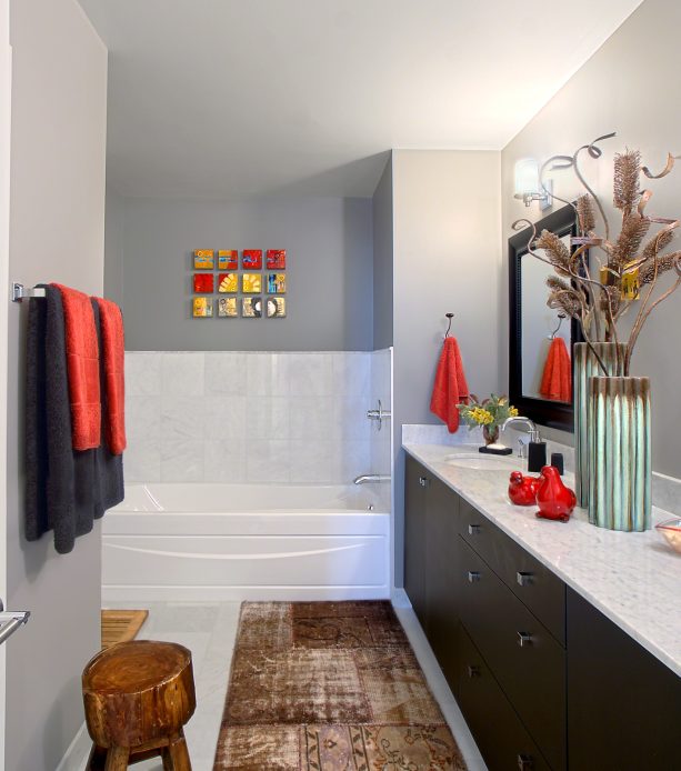 orange red accent color for gray and white bathroom