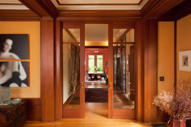 the idea for craftsman hallway with double glass pocket door