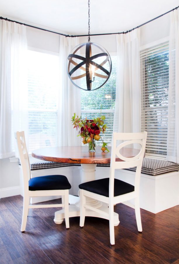 tiny transitional bay window breakfast nook finished out with an orb pendant