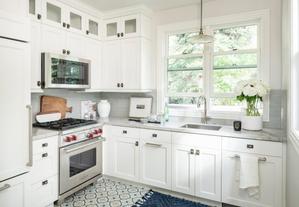 add pattern in a cement floor tile to match the white cabinets