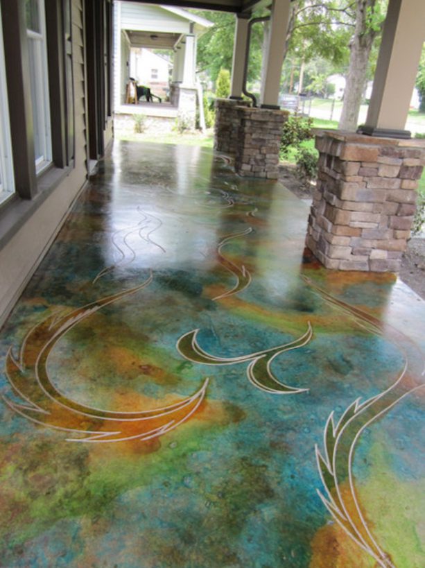 etching and staining concrete front porch with bold colors