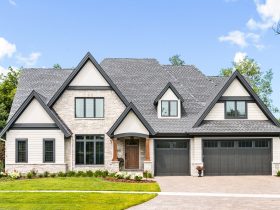 grayish navy blue exterior trim color to contrast the beige house