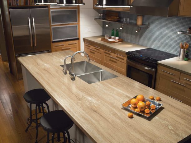 laminate formica countertop in e series solid surfacing in e natural for the perimeter and travertine gold laminate for the island without backsplash