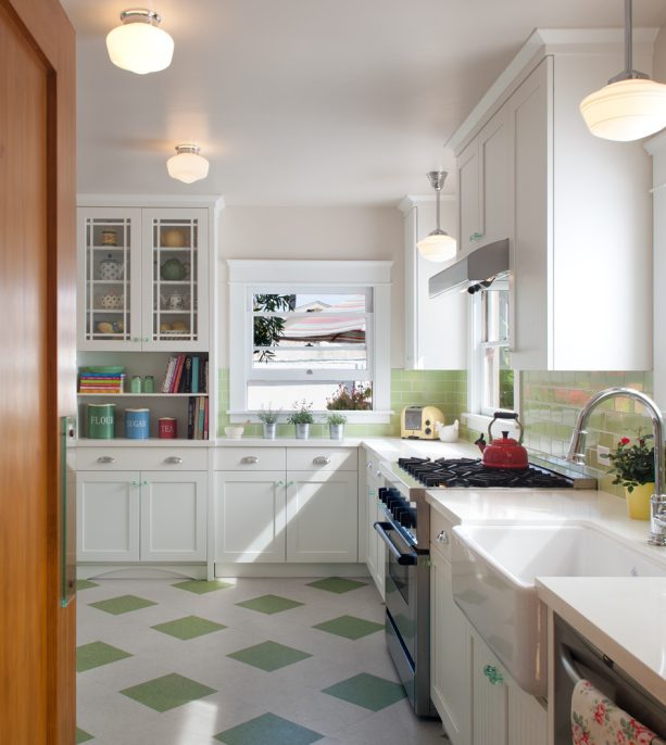 use vinyl composite tile floor in green and white color to accentuate the cabinets
