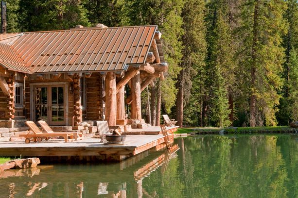 worn-out steel log cabin roof in a rustic style