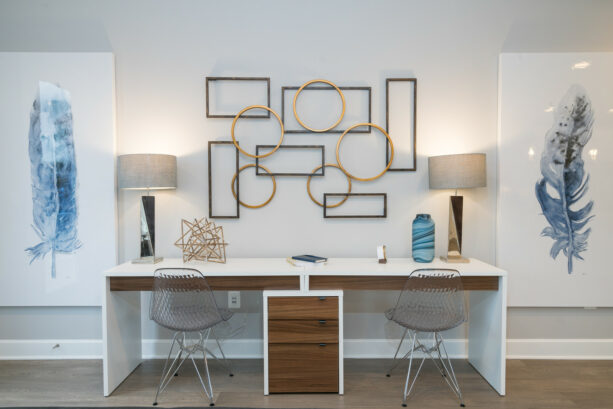 abstract wall art in geometric shapes as an accent in a home office