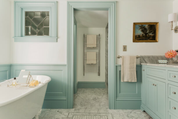 bathroom trim in farrow & ball - parma gray that matches the cabinet