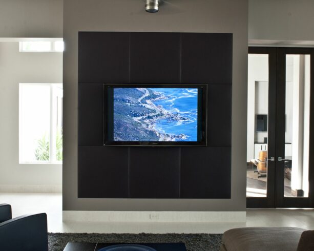 black tv accent wall made of spinneybeck leather