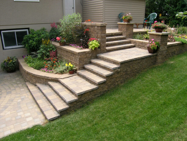 curved and tiered retaining walls are utilized as planters