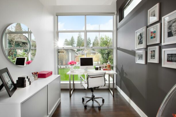 gray painted an accent wall in a white office