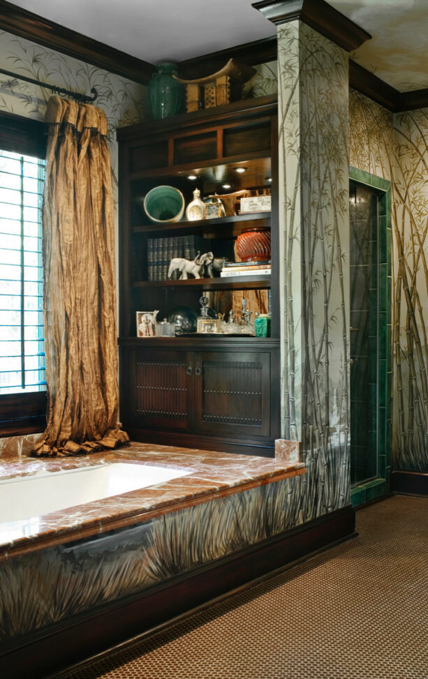 green trim in an asian bathroom that represents jade