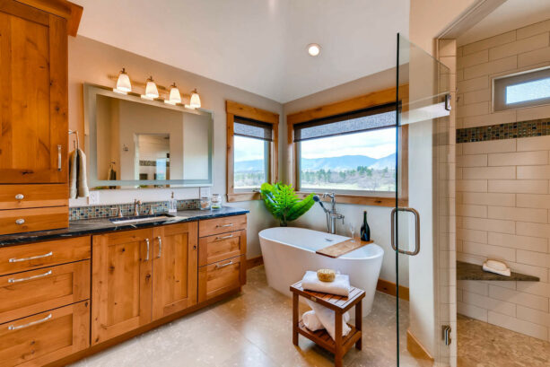 knotty alder window bathroom trim that matches the cabinet in a craftsman style