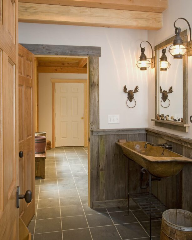 reclaimed wood bathroom trim and paneling to add a rustic look
