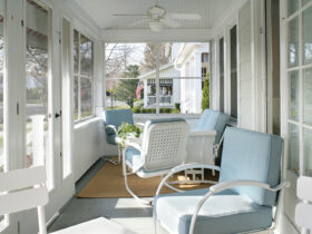 retro squares spring seating in a bright and fresh screened-in front porch
