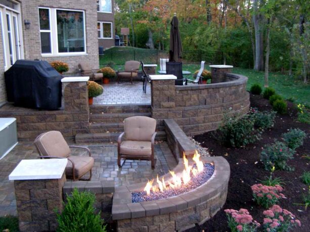 two-level raised patios with two different seating areas