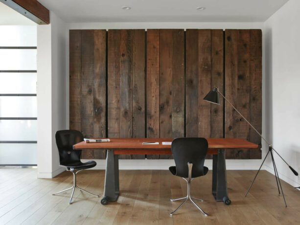 wood panels home office accent wall to add a rustic touch