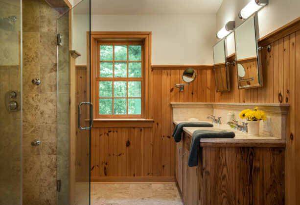 wooden bathroom trim idea at the top of the wainscoting