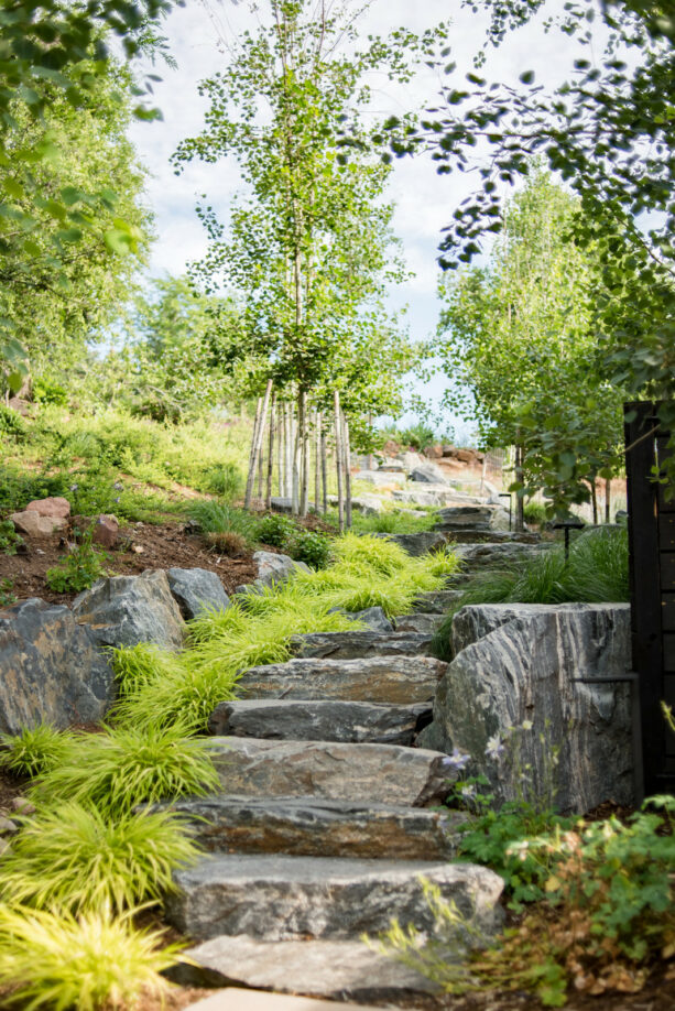 boulder steps to create low-maintenance hillside landscaping