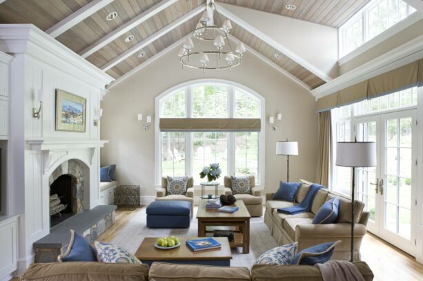 cedar plank vaulted ceiling with white beams