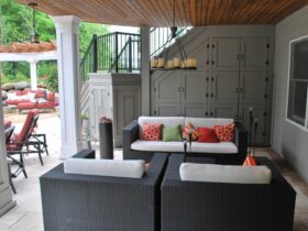 contemporary under deck patio with tongue and groove ceiling