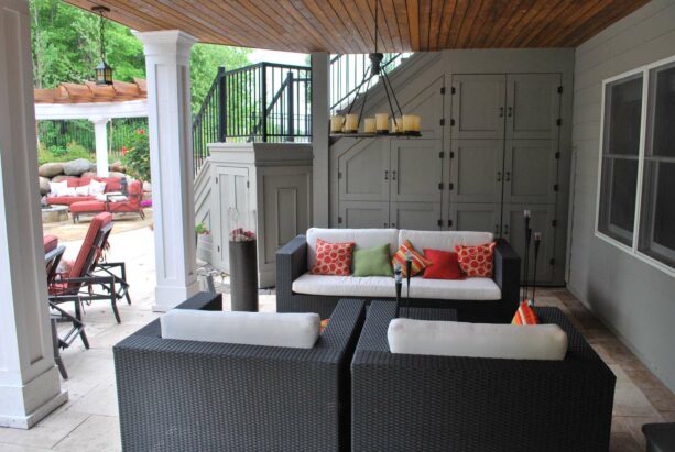 contemporary under deck patio with tongue and groove ceiling