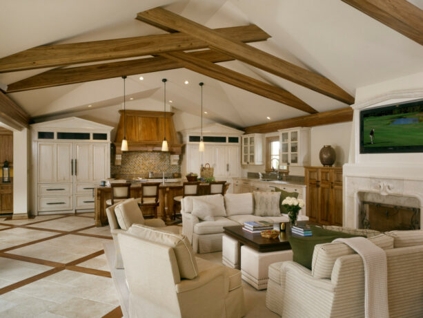 criss-crossed willow beams in a vaulted ceiling