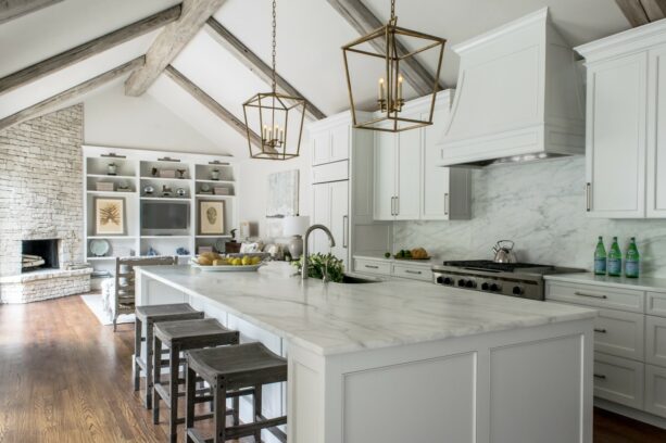 distressed gray exposed beam in a vaulted ceiling