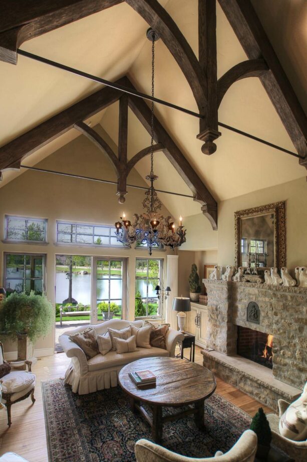 douglas fir beams with engineered trusses in a vaulted ceiling