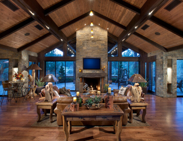 hand formed cedar beams in a large vaulted ceiling