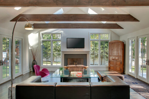horizontal beams in a vaulted ceiling with skylights