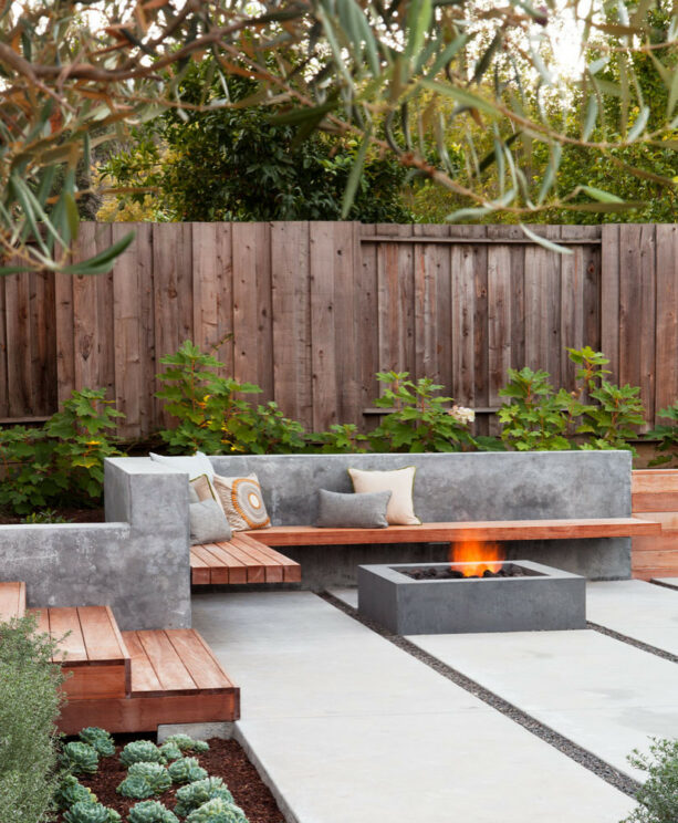 redwood fence that doubles as a patio wall