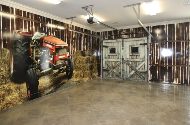 the idea of using wallpaper for a garage wall covering