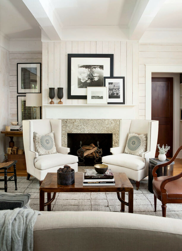 vertical shiplap siding above the fireplace as a focal point