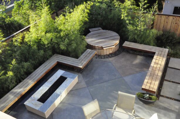 wooden bench patio border that can be used as seating