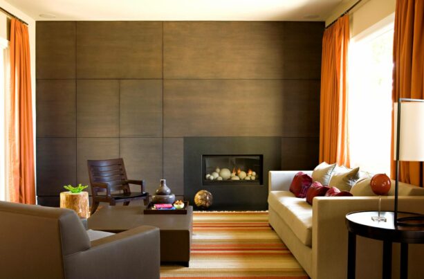 a sleek fireplace without mantle with black plate surround