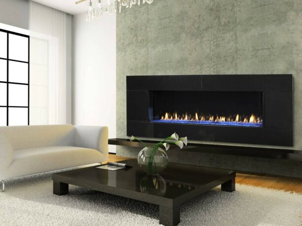 a stylish fireplace without mantle with porcelain tiles around