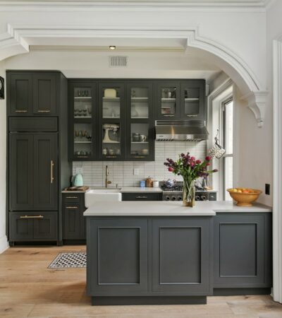 behr - carbon charcoal kitchen cabinets in a low sheen enamel