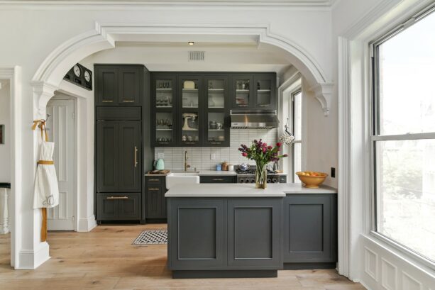 behr - carbon charcoal kitchen cabinets in a low sheen enamel
