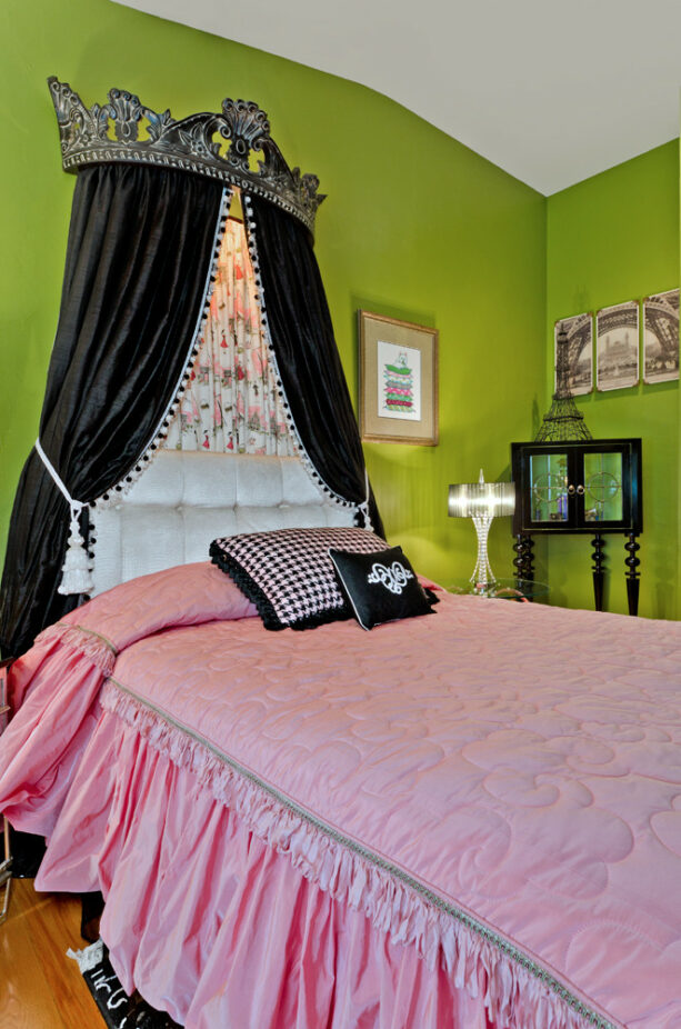 chartreuse green paired with a pale pink sheet in an eclectic bedroom