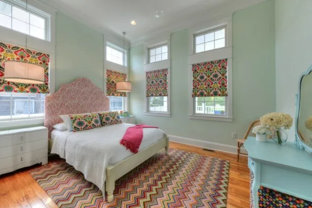 incorporating a lot of patterns in a pink and green bedroom