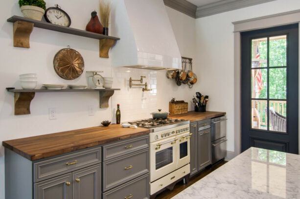 kith cabinets in creekstone charcoal gray color paired with wooden top