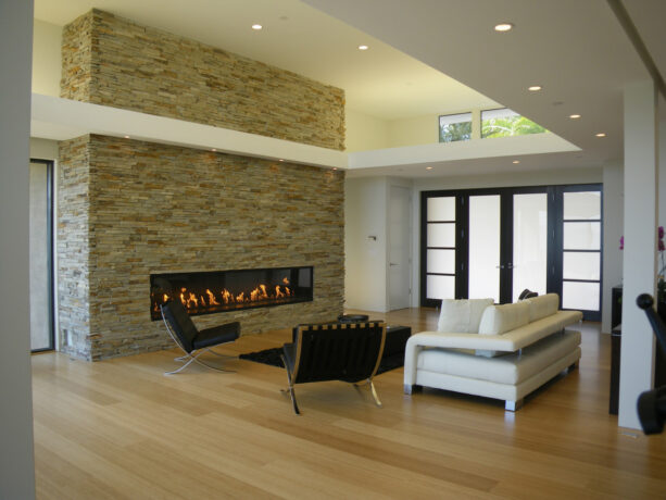 modern ribbon fireplace without a mantle