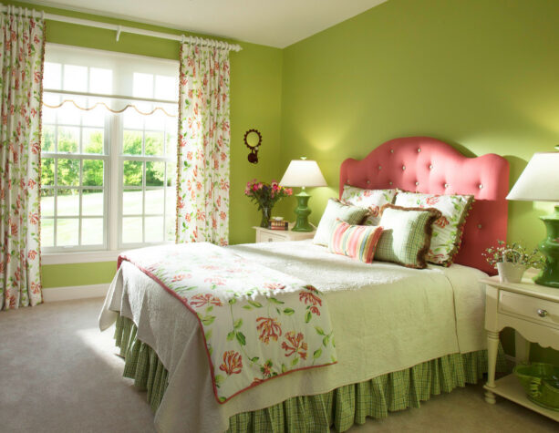 pink green headboard against the lime green wall to create an accent