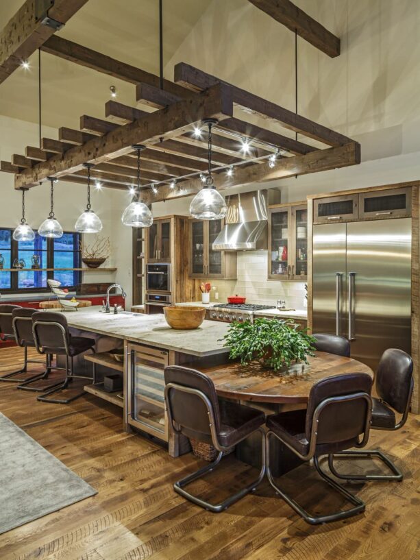 rustic galley kitchen with a breakfast bar and a dining table