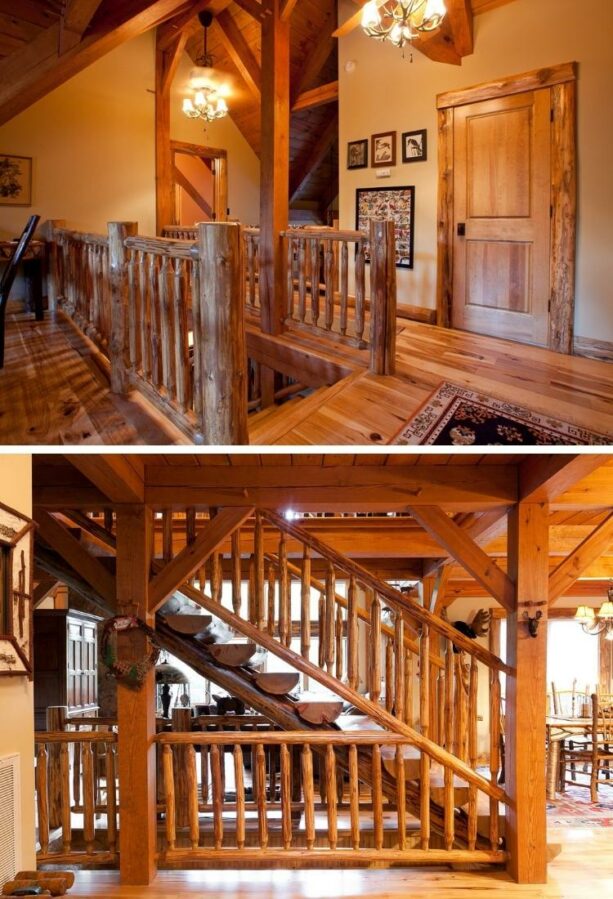 rustic-styled logs as a small half wall stair railing