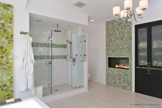 wall recessed fireplace without mantle in a bathroom